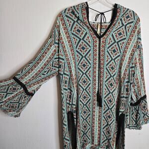 Uncle Frank Hooded Printed Crochet Lace Trim Tunic Dress XS Boho Hippie Festival